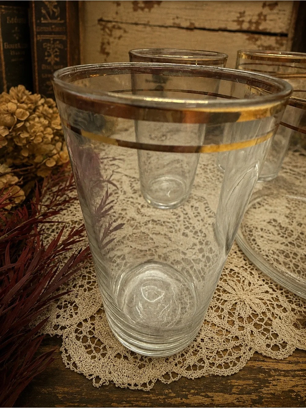 Vintage Gold Rim Glass Ice Bucket with 5 Matching Tumblers Barware Cocktail Set